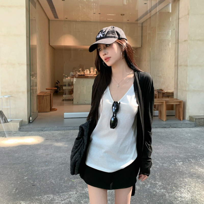 慵懒黑色长袖开衫外套吊带背心女早秋穿搭套装休闲阔腿短裤三件套|undefined