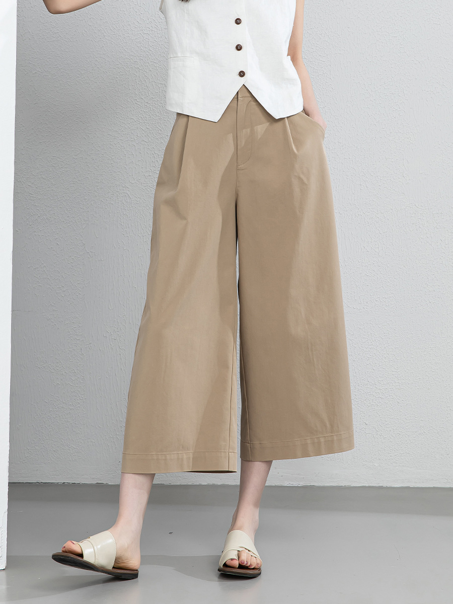 Quần culottes nữ ống rộng cạp điều chỉnh xếp ly mùa hè — màu xanh navy
