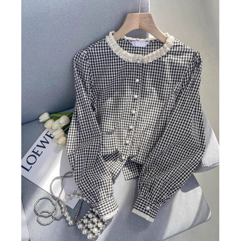 Korean Style New Ruffled Lace Round Neck Black and White Plaid Shirt, New Spring and Autumn French-Style High-End Top