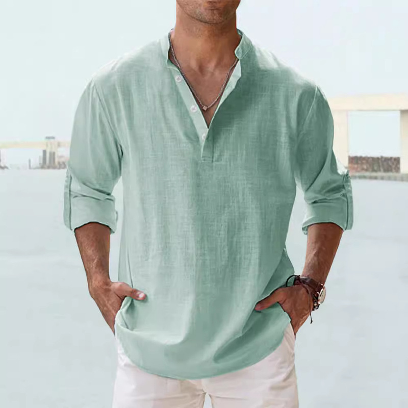 2023 Cross-Border Men's Pure Cotton Stand-Up Collar Long-Sleeve T-Shirt Loose Undershirt Solid Color Long-Sleeve Cotton Shirt for Men