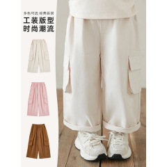 丘哆萌女童時尚潮流兩側口袋工裝褲2024春季新款兒童寬鬆休閒褲子