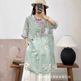 文艺复古苎麻连衣裙女2026夏季新款圆领宽松盘扣中长款衬衫上衣