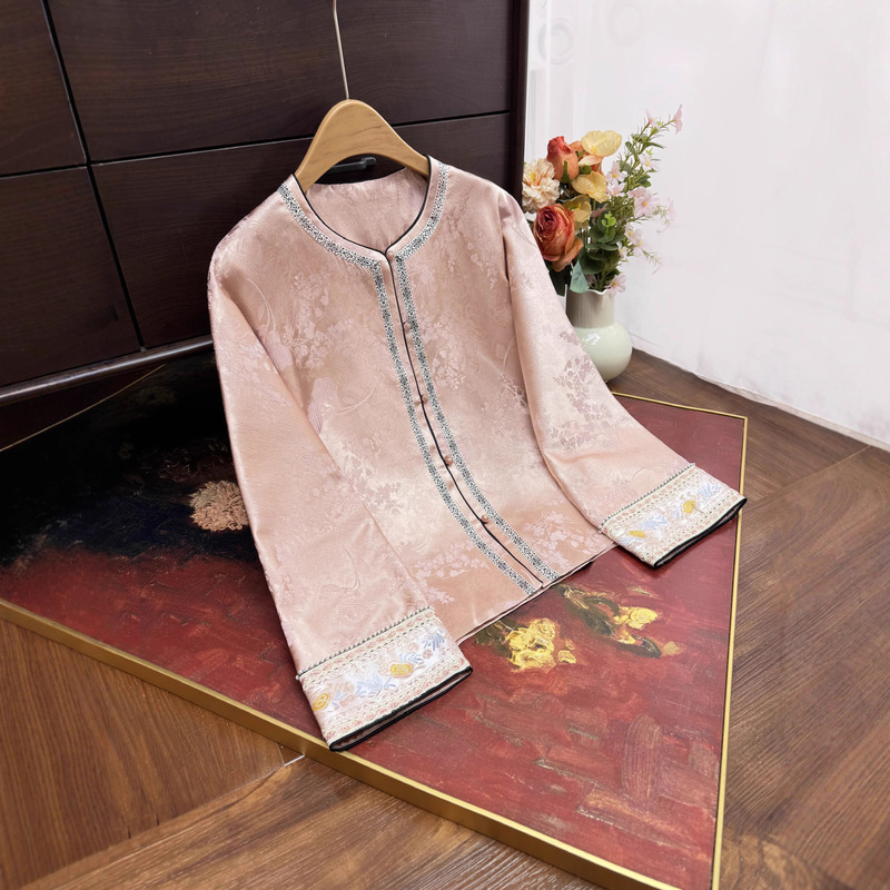 New Chinese Jacquard Lace Cuff Jacket 2025 Autum New Round Neck Fresh Age-Reducing Shirt Noble Top