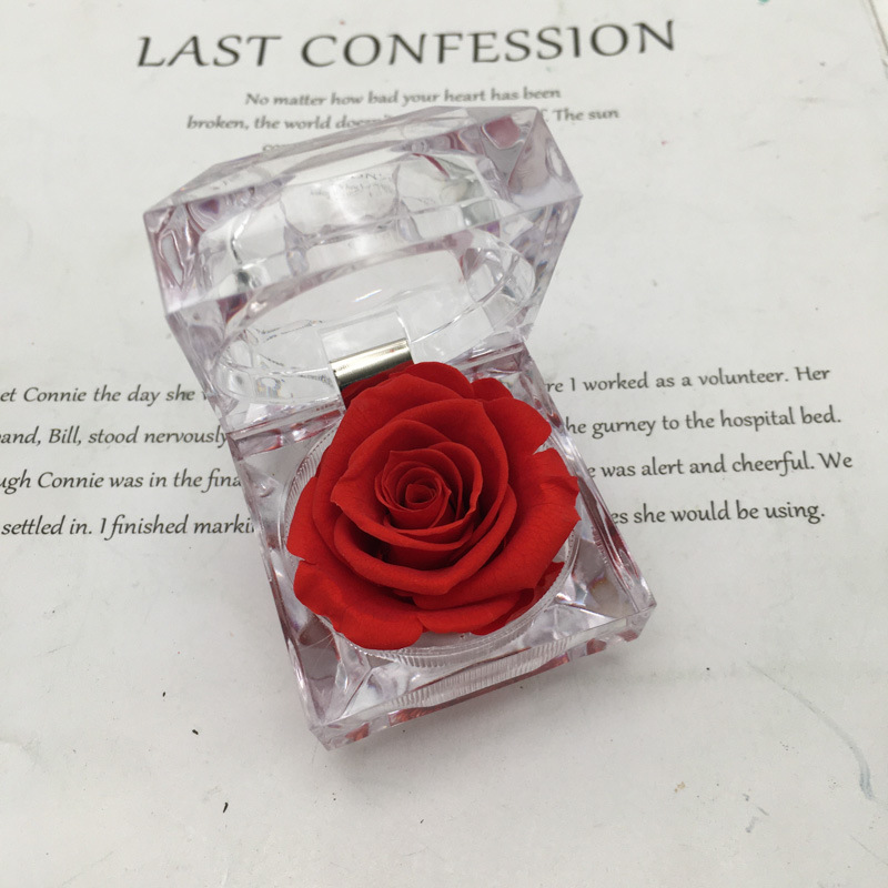 Caja de anillo acrílico transparente de rosa eterna confesión de flores verdaderas Qixiao regalo de día de San Valentín caja de regalo de anillo de vida eterna