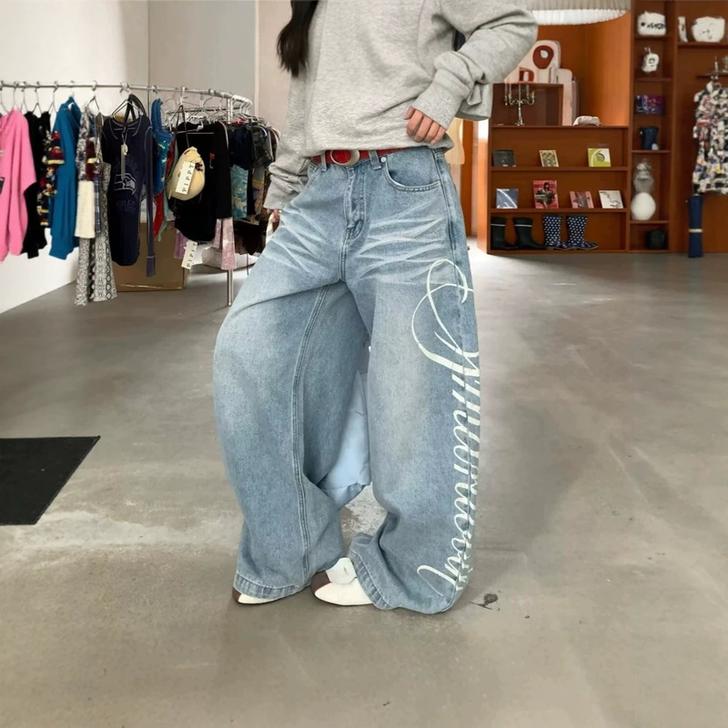 Cross-Border Foreign Trade American Retro Style Personalized Street Letter Print Jeans with a Unique Design, Loose Fit, Versatile Wide-Leg Pants Cross-Border Foreign Trade American Retro Style Personalized Street Letter Print Jeans with a Unique Design, Loose Fit, Versatile Wide-Leg Pants