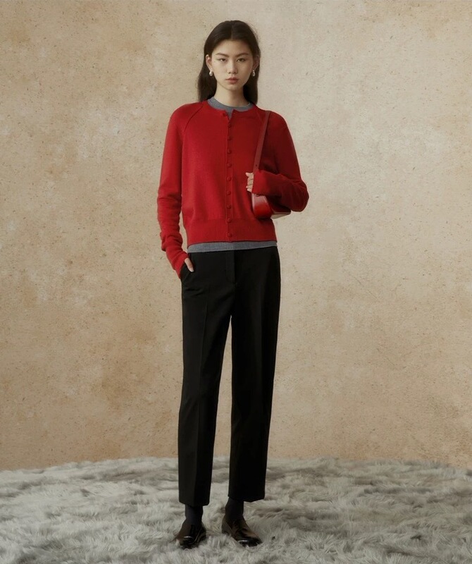 气质美学手工包扣羊绒开衫女圆领插肩袖羊毛衫针织毛衣短款外套秋|undefined