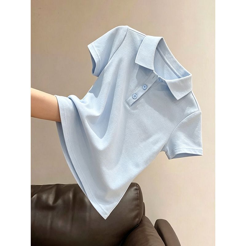 Korean-style elegant V-neck straight-shoulder polo shirt for women, summer slim-fit waist-cinching turn-down collar sports tennis short-sleeve top Korean-style elegant V-neck straight-shoulder polo shirt for women, summer slim-fit waist-cinching turn-down collar sports tennis short-sleeve top