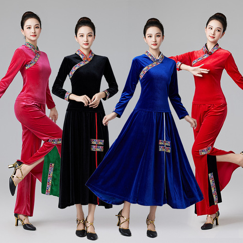23 New Square Dance Costume with Tibetan Ethnic Embroidery for Middle-Aged and Elderly Women, Classical Dance Performance Suit Set