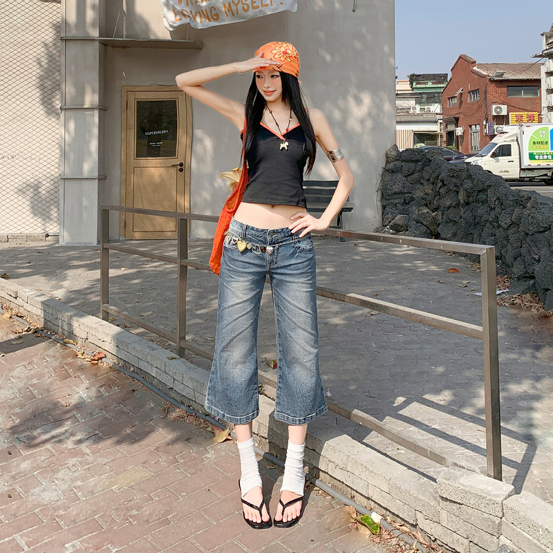 【Jin Yin】Summer New American Retro Slim-Fit Low-Waist Hot Girl Style Women's Washed Textured Flared Mid-Length Pants