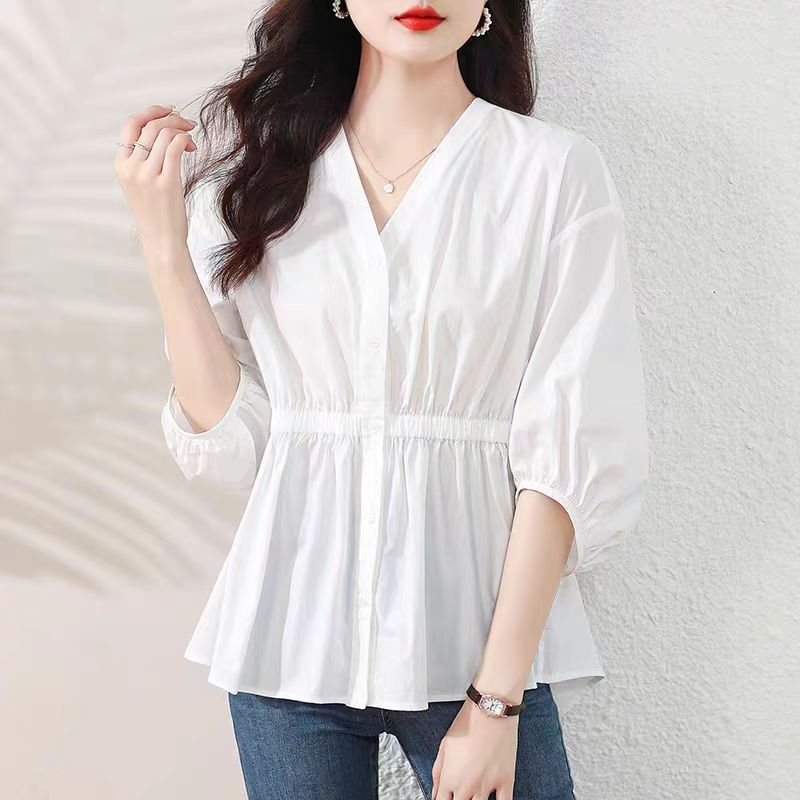 V-neck Seven-point Sleeve Tight Waist Belly Covering Doll Shirt Women's 2024 Explosive Fashionable Slim Look All-match Design Sense Small Shirt