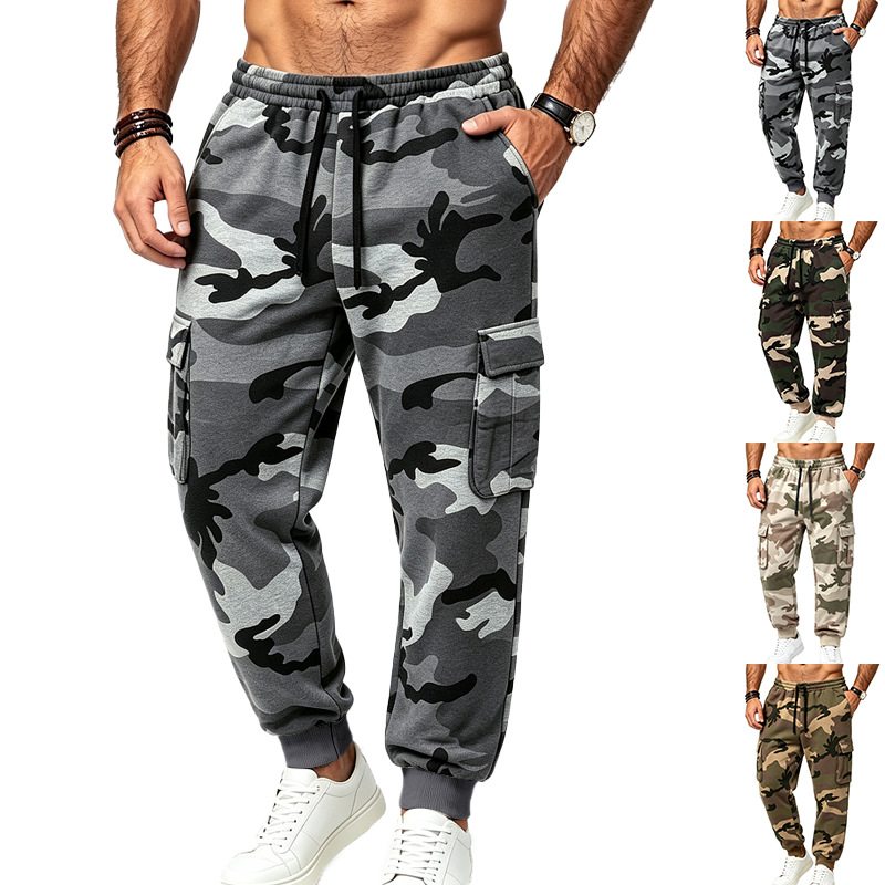 European and American cross-border heavyweight fleece-lined men's sports outdoor camouflage trendy hip-hop loose-fit workwear sweatpants in stock