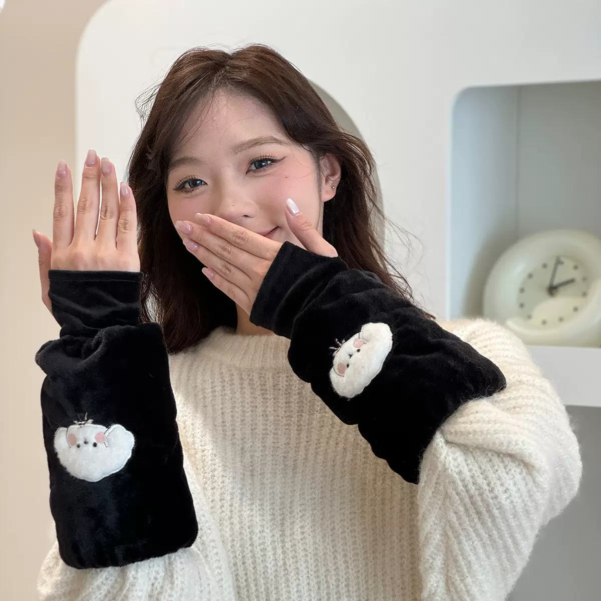 手套袖套二合一儿童耐脏秋冬保暖羽绒服加厚套袖女办公室护袖刺绣