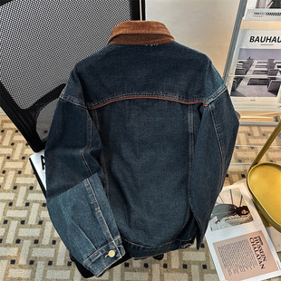 Free Shipping American Vintage Autumn and Winter Color Splicing Stitching Embroidered Denim Jacket Loose Lapel Jacket for Men and Women