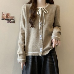 早秋2024茶系ファッション小香風ニットセーターカーディガン女子春秋タイプの外に丸襟の高級感コートをかける