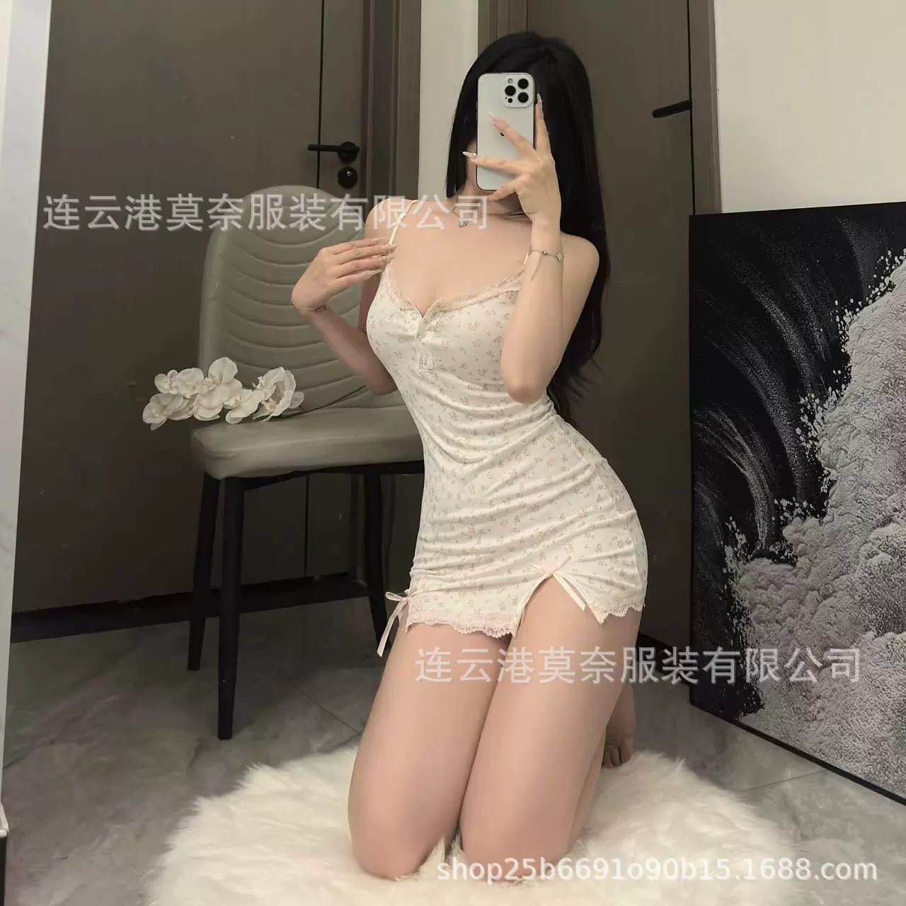 情趣内衣纯欲粉色吊带碎花莫代尔性感睡裙紧身包臀蕾丝家居服套装