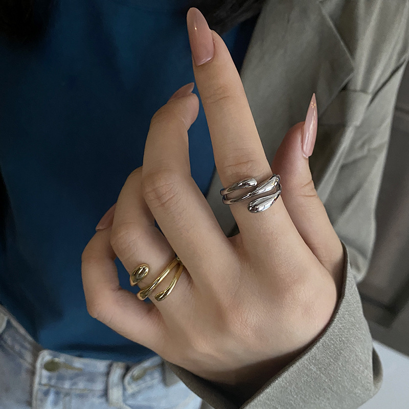 Fashion Stacking Ring Female Simple Water Drop Silver Plated Copper Open Ring Female display picture 2