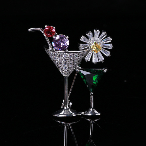 European and American creative personalized fashion cocktail glass brooch micro-encrusted zircon corsage trendy clothing accessories collar pin wholesale