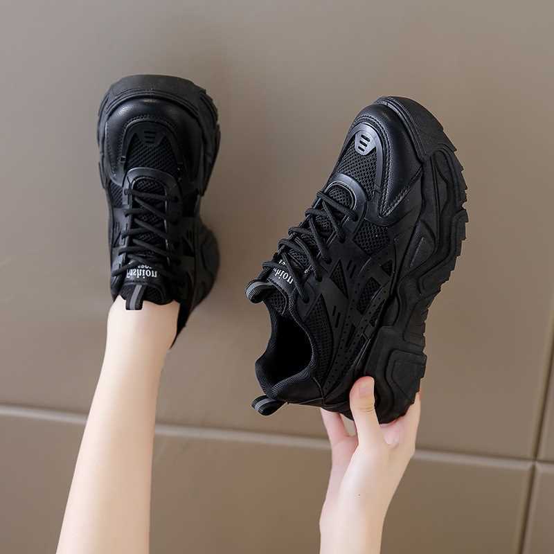 All Black platform clunky sneakers women's breathable mesh sports casual shoes lightweight soft bottom non-slip comfortable work shoes women