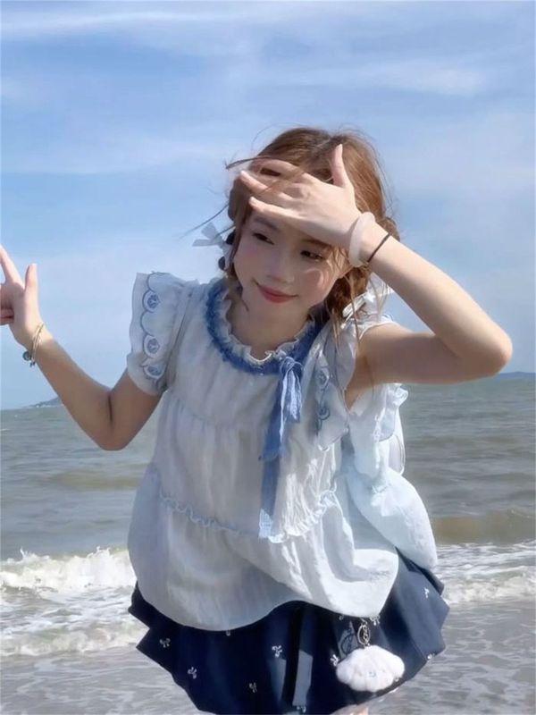 清凉一夏穿搭一整套蓝色显白小飞袖上衣+松紧高腰超仙短裙女学生|undefined