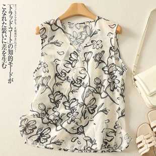 Literary Retro V-Neck Ink Painting Sleeveless Shirt 2025 Summer Unique Age-Reducing Versatile Comfortable Light Vest for Women