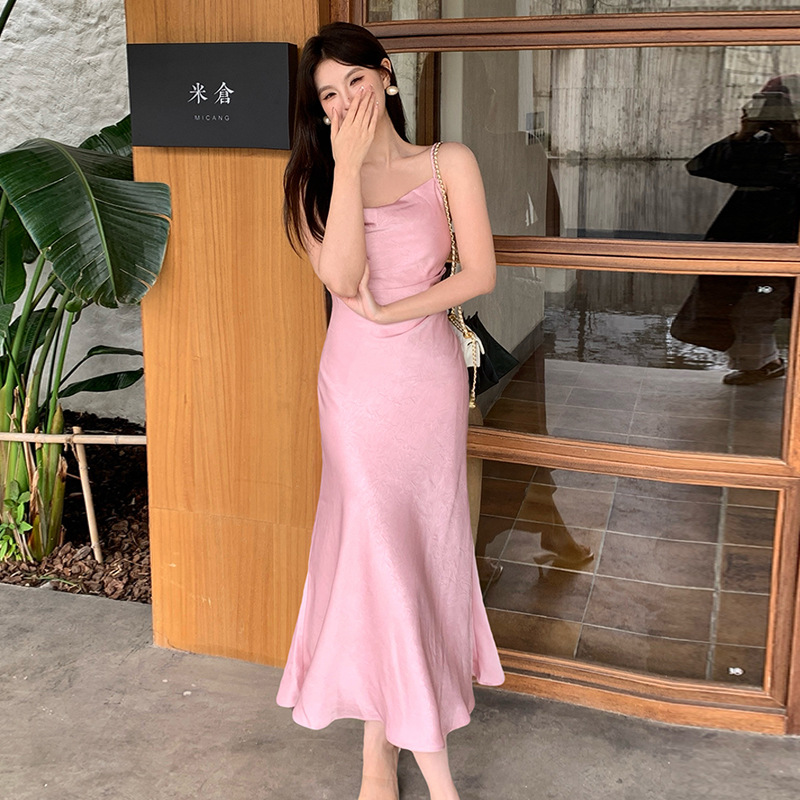 2025 New Summer Women's Fashion Sleeveless Suspender Dress Thirteen Lines Chiffon High Waist A-Line Long Skirt for Women