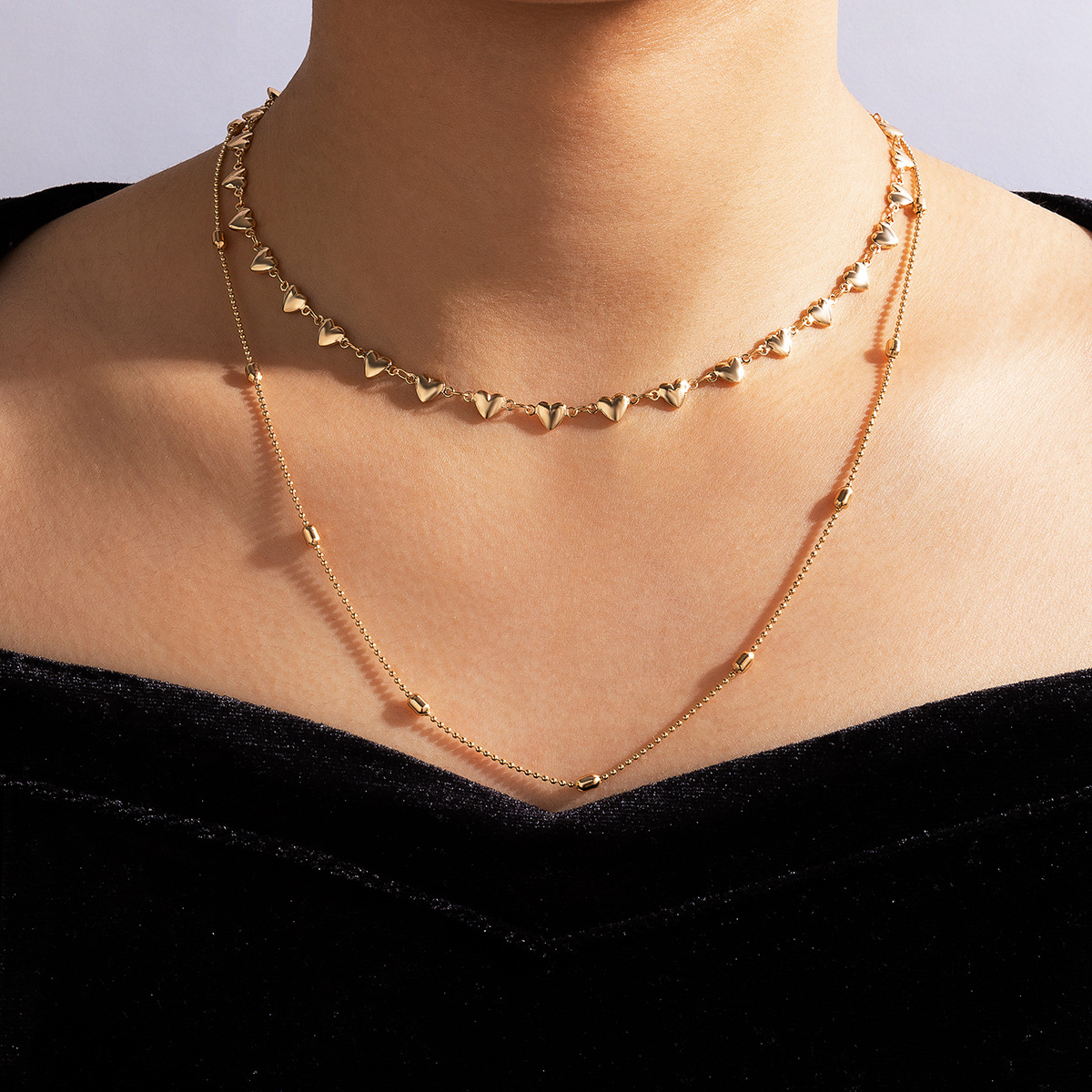 Mode Geometrischer Einfacher Schmuck Herz Perlen Doppelschichtige Halskette Geometrische Mehrschichtige Halskettepicture1