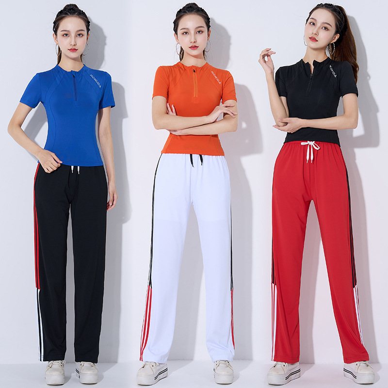 Women's 2023 Summer Square Dance Suit Set Slimming Half Zip Short Sleeve Ghost Step Dance Sport Fitness Running Clothes