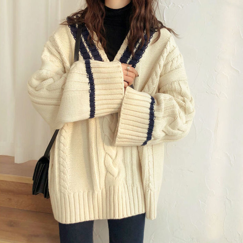 Cross-border coreano otoño y invierno nuevo suéter de torsión de cuello en V mujer retro camisa de color de contraste floja camisa de punto suelta mujer