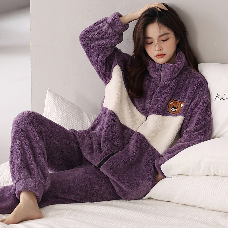 紫色睡衣女秋冬加厚款珊瑚绒甜美可爱家居服可外穿冬季长毛绒套装|ru
