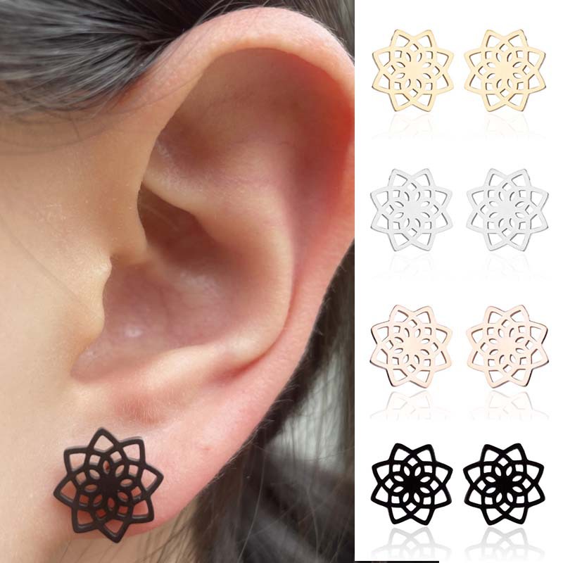 日韓不鏽鋼新款耳釘ins 女式簡約幾何花蕊花朵復古小耳釘批發