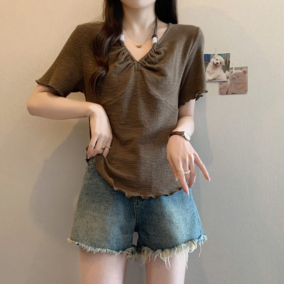 2025 summer new chubby girl plus size women's sweet design beaded neck wooden ear short sleeve T-shirt