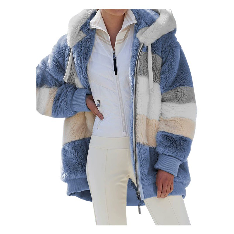 В наличии на Amazon, трансграничная поставка, осенне-зимняя мода 2025 года, короткая плюшевая женская толстовка с цветными блоками и полуоткрытым воротником