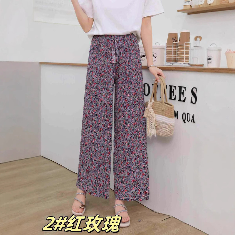 Ice Silk Pink Floral Pleated Lazy Wide Leg Casual Sun Protection Beach Cool Pants Summer Home Walking Casual Pants