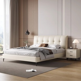 European-Style Genuine Leather Bed, Simple and Luxurious Double Bed for Master Bedroom, 1.8m Modern Leather Art Wedding Bed, Bedroom Upholstered Internet Celebrity Bed