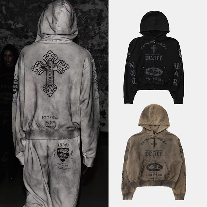 Badblood American Tie-Dye Zipper Hooded Sweatshirt for Men and Women Casual Loose Washed Distressed Printed Early Autumn Jacket