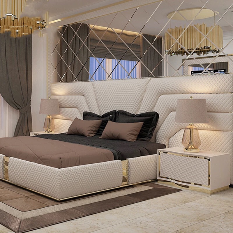 Widescreen Bed Italian Light Luxury Master Bedroom Double Bed Hong Kong Style Leather Art Bed Solid Wood Wedding Bed White Modern Large Apartment