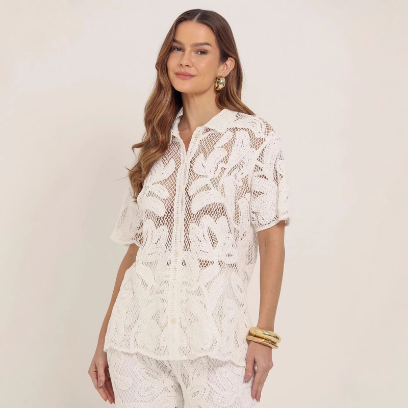 European and American Style Hollow-Out Lace Top and Straight-Leg Pants Set for Women, Fashionable Casual Style European and American Style Hollow-Out Lace Top and Straight-Leg Pants Set for Women, Fashionable Casual Style