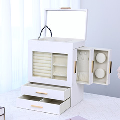 pu皮革多功能立體首飾盒多格設計帶鏡子首飾收納盒戒指耳釘展示盒