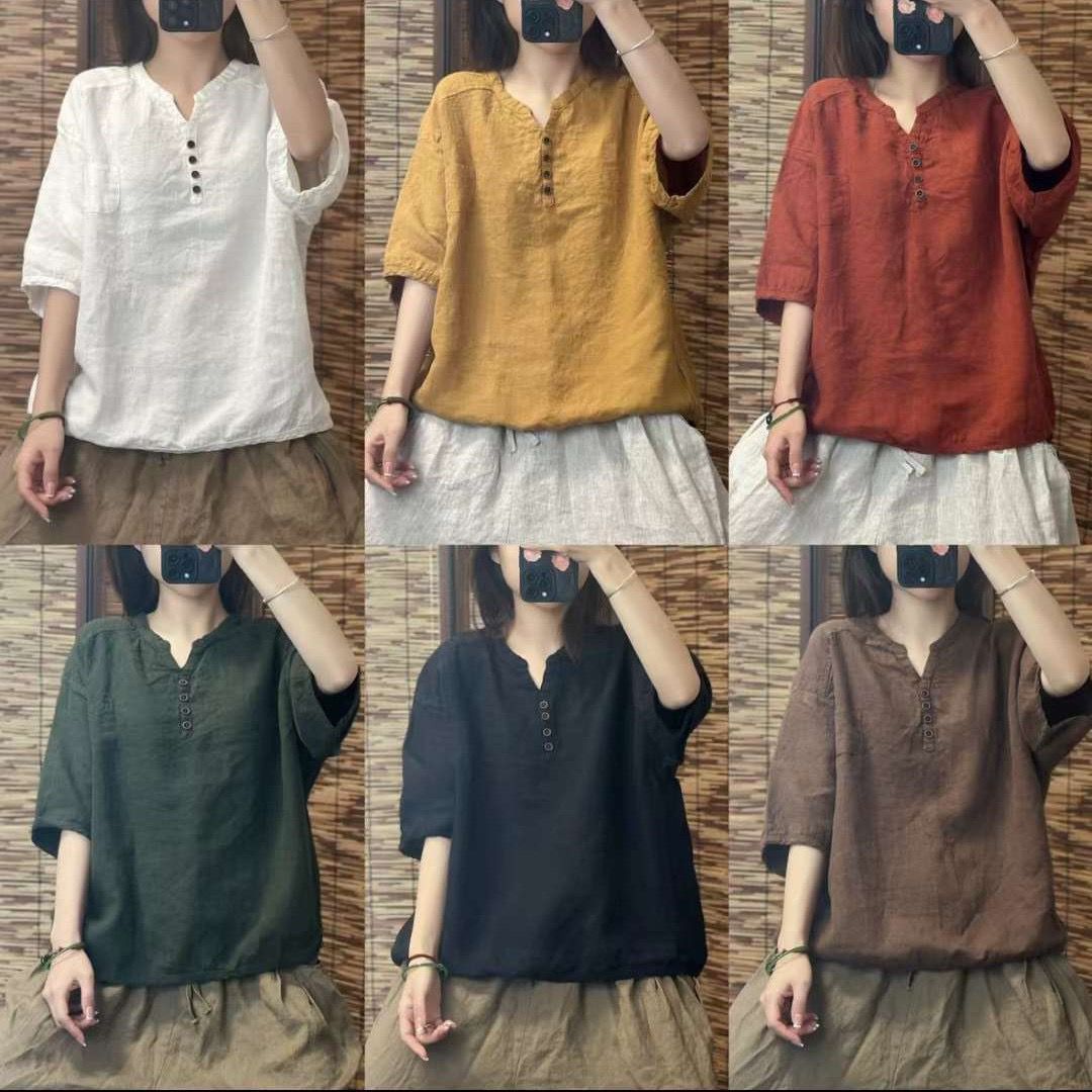국경 간 대외 무역 여름 신작 여성용 5부 소매 면 및 린넨 탑, 다용도 캐주얼 복고풍 루즈 심플 브이넥 티셔츠