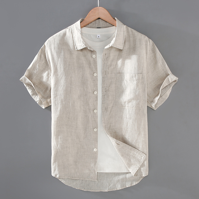 G192 Japanese Style Linen Fresh Short-Sleeved Shirt Men's Youth Versatile Literary Casual Loose Breathable Top