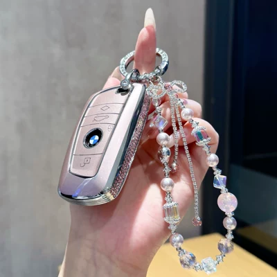 Car key bag – 5 Series 530li, X1, X2, X3 - bmw-b-model-side-drilled-pink-crystal-with-a-pink-butterfly-pendant