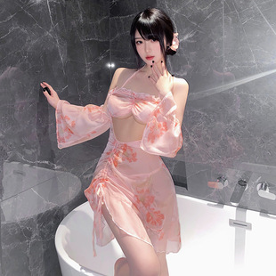 Sexy Underwear Sexy Pure Desire Perspective Backless Sleeve Tube Top Printed Nightdress suit Split Free Temptation Day Dress