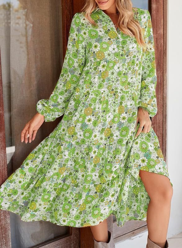 Casual Loose Fitting Bohemian Floral V Neck Dress Long Sleeved Puff Sleeve Women's Clothing New Spring Summer_ecoleips.com