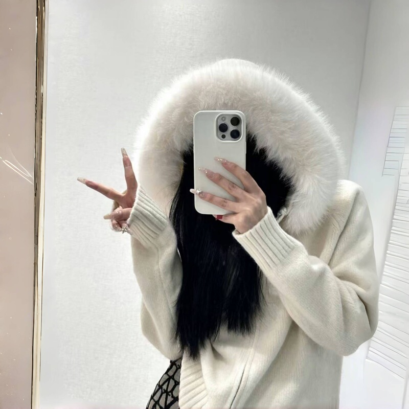 Autumn and Winter New Imitation Fox Fur Large Fur Collar Knitted Sweater Hooded Cardigan Double-Ended Zipper Short Top Jacket for Women