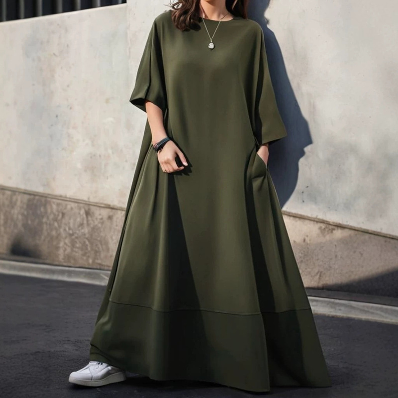 Cross-border 2026 Autumn New Style Color-Block Hem Round Neck Long Sleeve Side Pocket Loose A-Line Dress Cross-border 2026 Autumn New Style Color-Block Hem Round Neck Long Sleeve Side Pocket Loose A-Line Dress