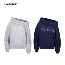 UNBDNS斜领烫片堆堆领口袋连帽加绒卫衣女秋冬宽松设计感百搭外套