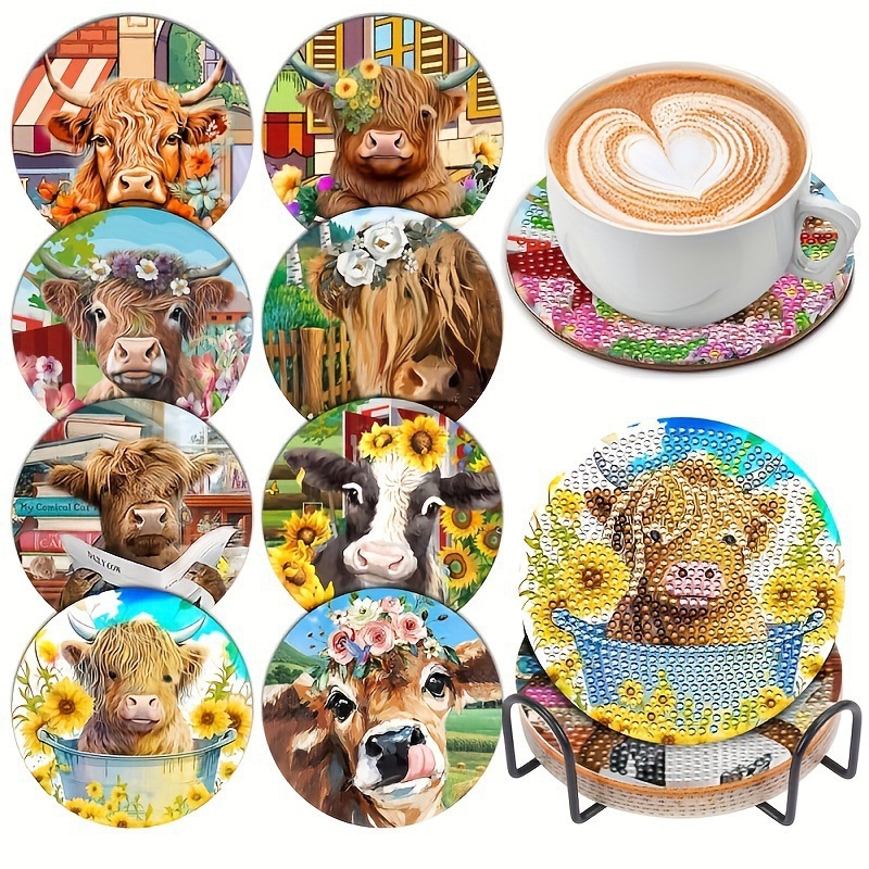 Ventas transfronterizas calientes de 8 piezas de conjunto de cojín de taza de arte de diamante, con soporte, pequeño conjunto de pintura de diamante, adecuado para adultos