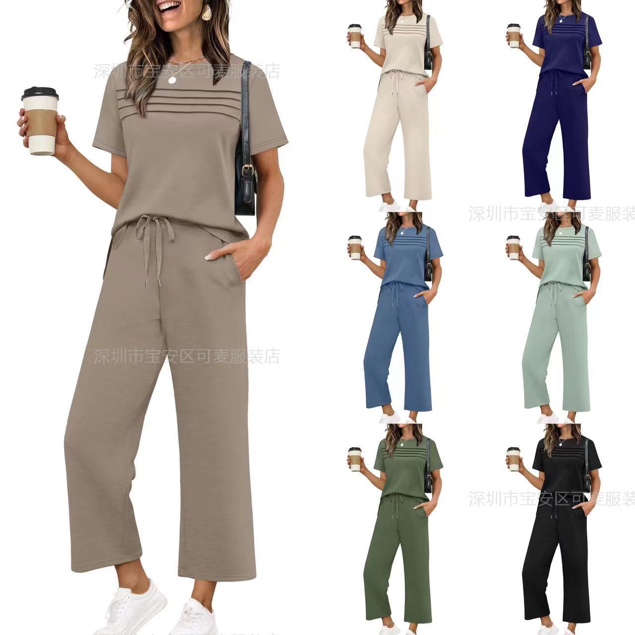 Amazon Cross-Border Foreign Trade European and American Spring and Autumn New Fashion Comfortable Casual Sports Long-Sleeved Solid Color Commuter Suit for Women