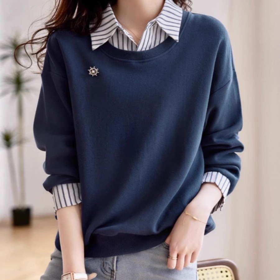 Wholesale New Fashionable and Age-Reducing Long-Sleeved Sweatshirts for Women, Autumn New Casual Slimming Fake Two-Piece Sweatshirts for Women in Autumn