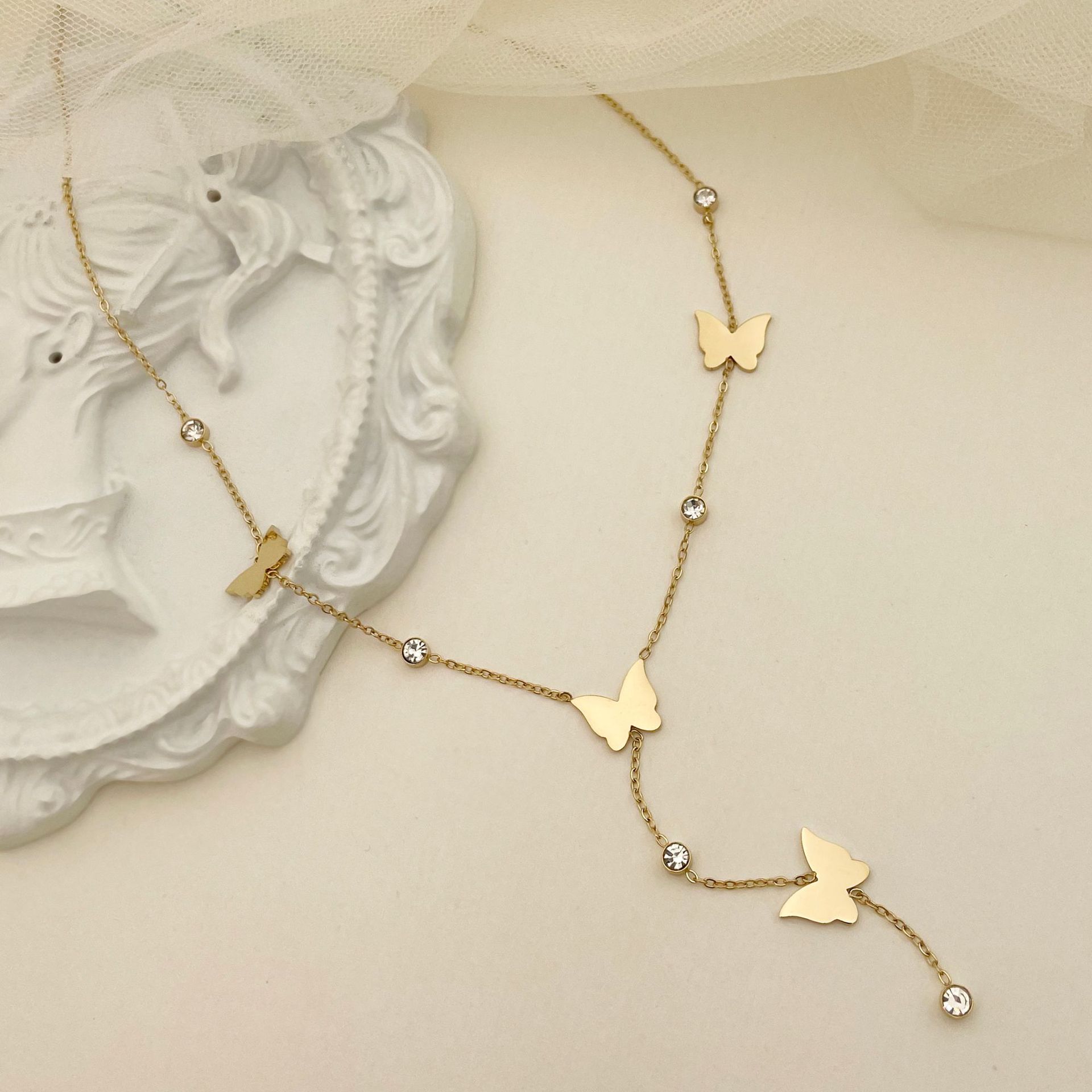 Simple Style Butterfly Stainless Steel Titanium Steel Plating Zircon Pendant Necklace 1 Piece